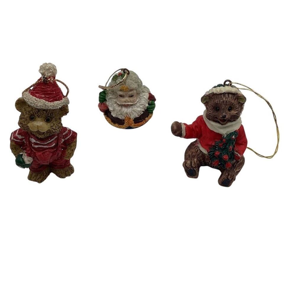 Vintage‎ Christmas Teddy Bear & Santa Ornament Set 1990 Multicolor 3 Pc